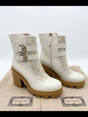 Gucci Cream & Tan GG Canvas Lug Sole Ankle Boots